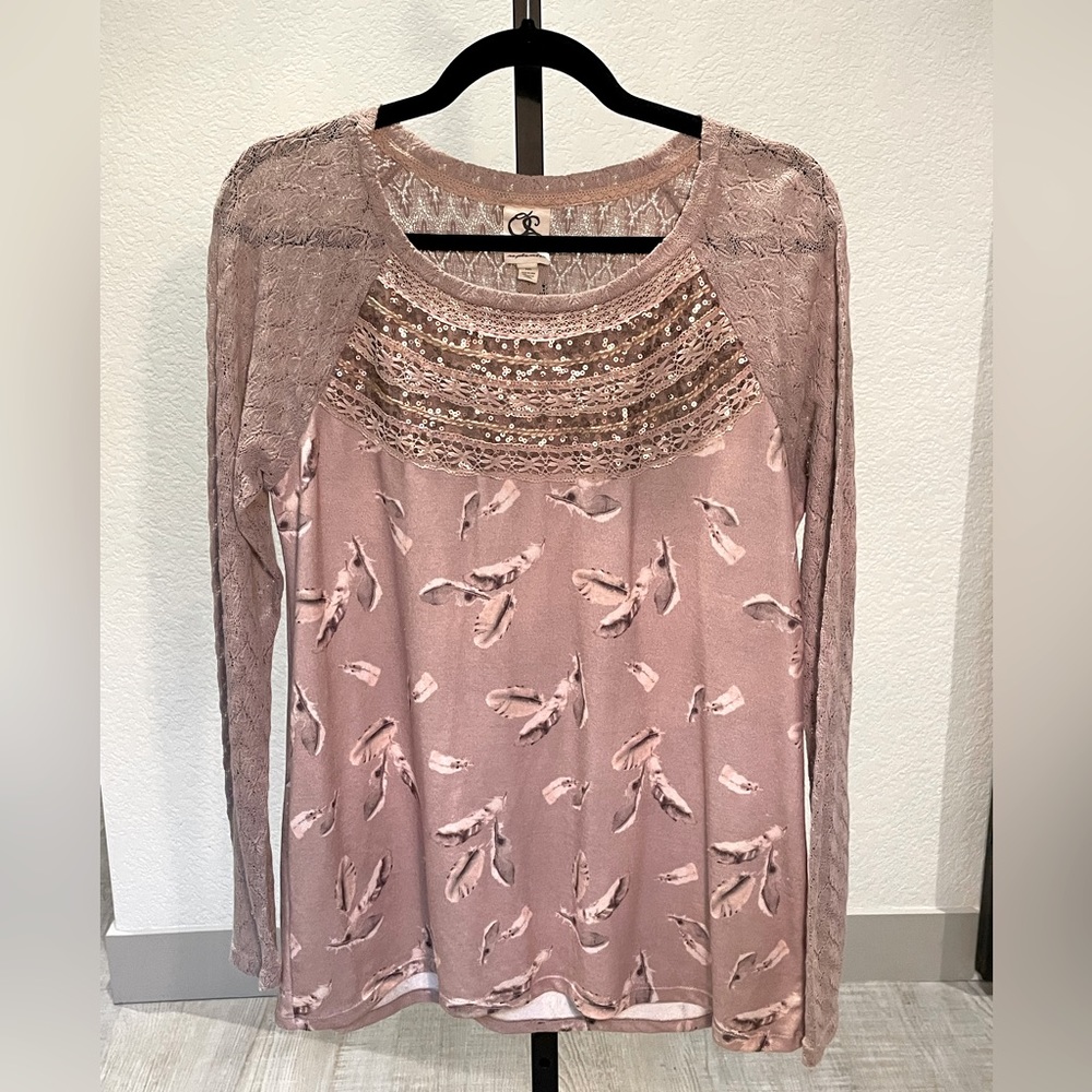 Anthropologie One September Feather Sequin Crochet Top